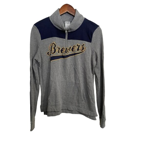 PINK Victorias Secret Womens Gray 1/4 Zip Baseball Brewers MLB Sweatshirt Medium - Picture 1 of 8